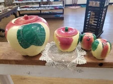 Hall 1940s apple set cookie jar, grease jar and salt/pepper shakers with cork.