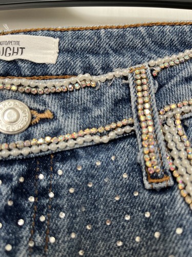 TopShop Blue Embellished Jeans W32 L28 12 14 Petite VGC Rhinestone Diamanté - Picture 2 of 8