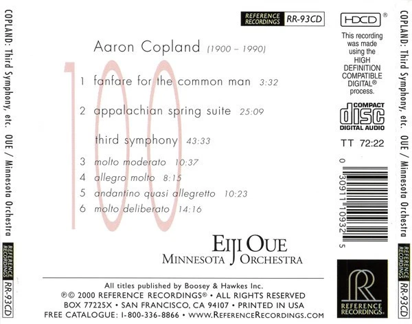 REFERENCE RECORDINGS RR-093 COPLAND FANFARE FOR THE COMMON MAN OUE 2000 CD - Bild 2 von 4