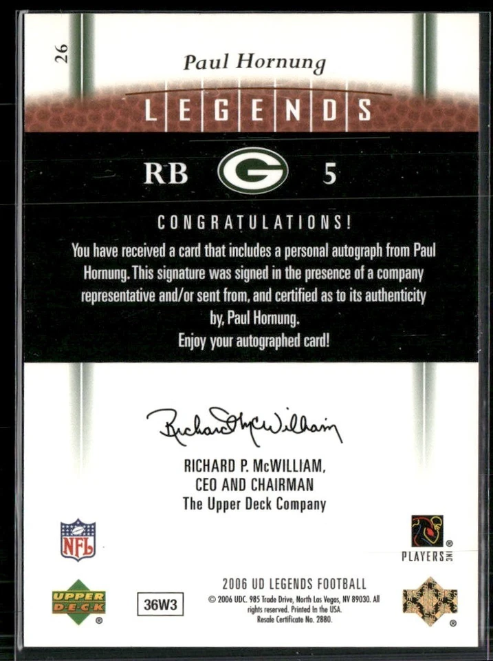 2006 UD Legends Paul Hornung LEGENDARY SIGNATURES AUTO PACKERS HOF! - Image 2 of 2