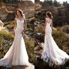 Garden Mermaid Wedding Dress Short Sleeves Lace Appliqued Boho Beach Bridal Gown
