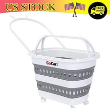 Collapsible Laundry Basket on Wheels Grocery Cart Shopping Plastic Hamper Tote