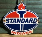 VINTAGE 1954 DATED STANDARD INDIANA GASOLINE 12” PORCELAIN GAS OIL SIGN TORCH +1