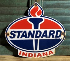 Vintage 1954 Dated Standard Indiana Gasoline 12 Porcelain Gas Oil Sign Torch Vintage 1954 Dated Standard Indiana Gasoline 12 Porcelain Gas Oil Sign Torch