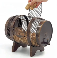 Rustic Metal Large Barrel Wine Cork Holder Display On Wooden Stand, Container fo