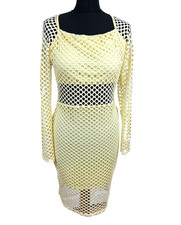 Edge Fishnet Bodycon Midi Dress Women's UK Size 14 Long Sleeve Stretch Yellow