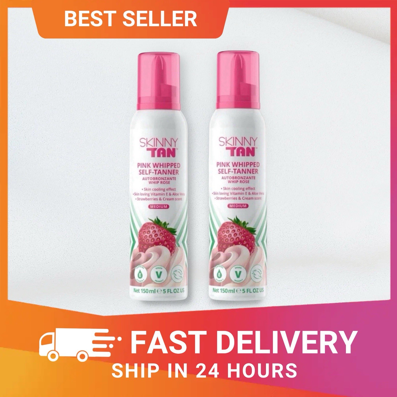 Skinny Tan Strawberries & Cream Pink Whipped Gradual Tanner 150ml-2 Pack RRP £44