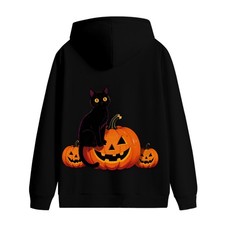 Black Cat on Pumpkin - Halloween Queen Back Print Unisex Hoodie Sweatshirt S-3XL