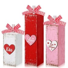3 Pcs Valentine's Day Decorations for Home Valentines Wood Heart Block Love