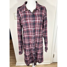 Kavu Plaid Flannel Shirt Dress Women's M Corduroy Trim Elbow Patches Lumberjane
