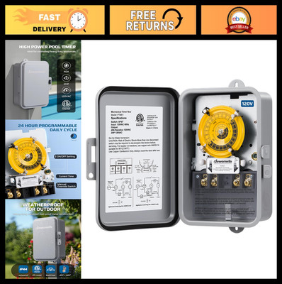 24-Hour Mechanical Timer Switch - 120VAC, Heavy Duty, Weatherproof, Manual Overr