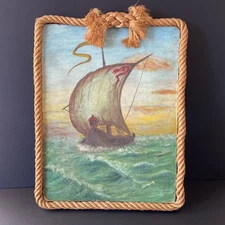 Vtg Folk Art Pirate Ship Oil Painting Sailing Nautical Sailboat Dragon SIGNED