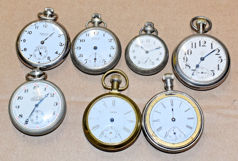 7 Vintage Pocket Watches Ingersoll Ansonia Helbros Sears Waterbury THE TRUMP