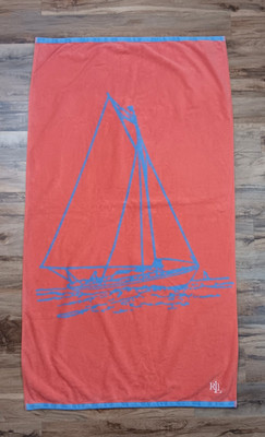 Vintage Ralph Lauren Sail Boat Beach Pool Towel Salmon Blue 59'' x 33'' Cotton
