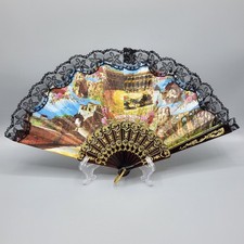 Vintage Art Print Hand Folding Fan Fashion Decor Lace Fabric and Plastic
