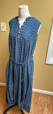 Faherty Linen Blend Isha Floral Print Sleeveless Midi Dress blue White Sz L