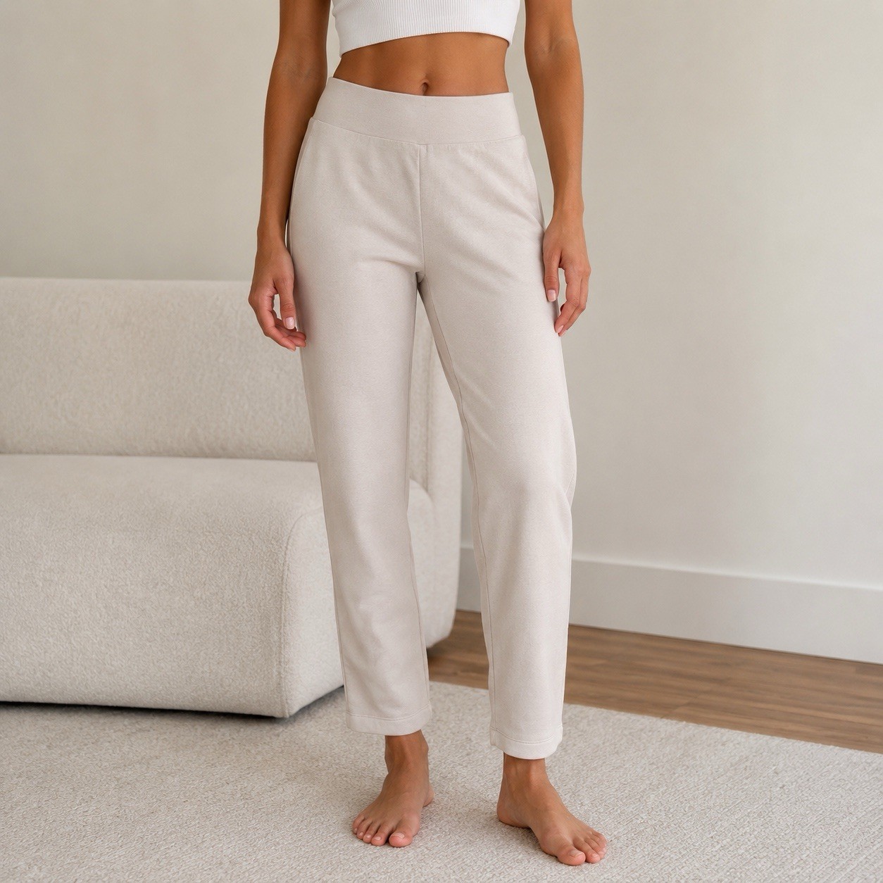 SPANX Large Cream Pull On Pants High Rise Tapered Stretch Soft Lounge Casual