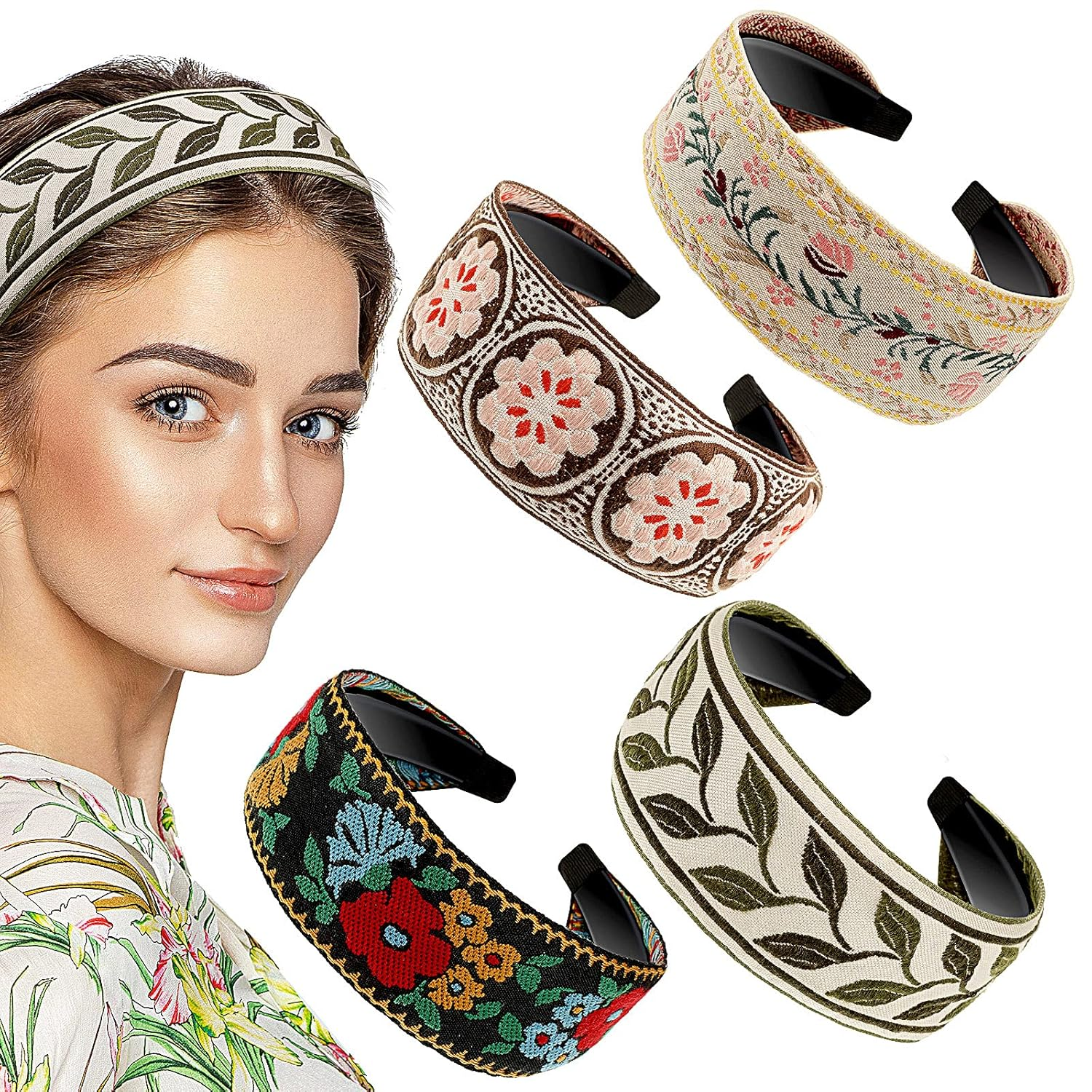 4 Pieces Boho Headband for Women Embroidery Wide Hair Band Bohemia Floral Knotte