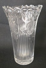 Vintage Borgonovo 10" Clear Glass Rose & Leaf Patterned Vase Italy