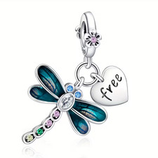 925 Sterling Silver Dragonfly Heart Dangle Charm Enamel CZ Bracelet Bead