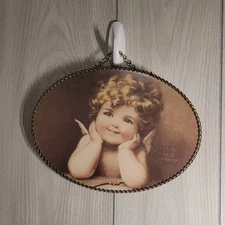 Vtg Bessie Pease Gutmann Framed Print Of Baby Angel W/Chain Edge & Hanger 8x11