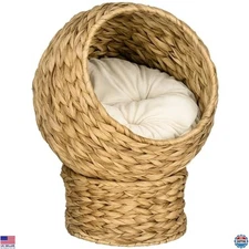 PawHut 20" Handwoven Elevated Cat Bed - Cozy Egg Chair with Soft Cushion, Brown