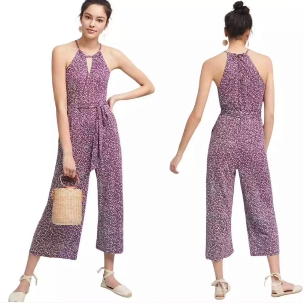 Anthropologie Maeve Claremont  Purple Polka Print Jumpsuit Women's Size M 