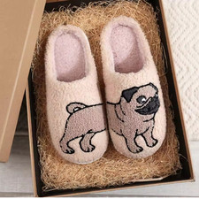 Cute  Cozy Pug Funny Cushioned Fleece House Slippers Shoes Sizes 5-9 - Pug Life