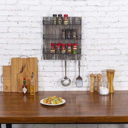 Spice Rack Wire Rails 3 Tier Black Metal Wire Kitchen Spice Rack with Torched Wood Wall Mount ...