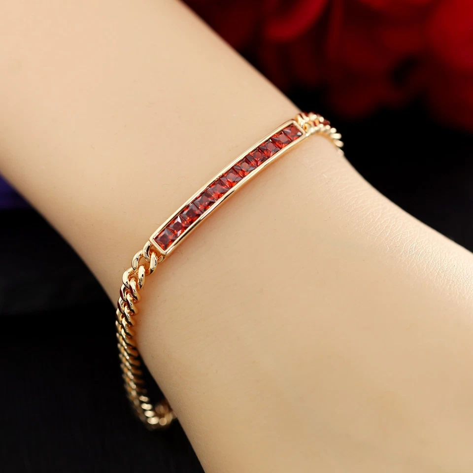 9K ROSE GOLD GF RED GARNET PRINCESS SQUARE ID CURB CHAIN GIFT BANGLE BRACELET Foto 2 de 4