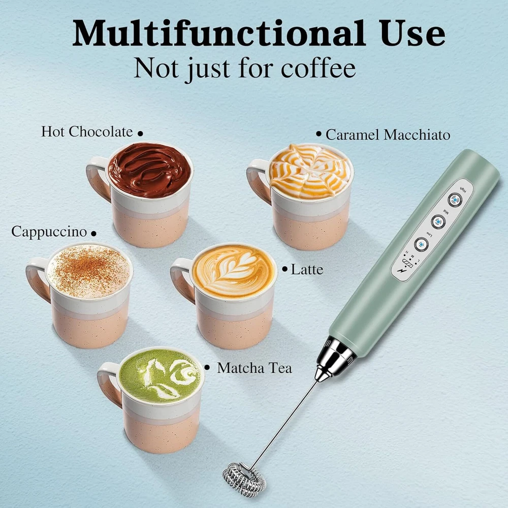 Milk Frother Handheld for Coffee, Electric Whisk 3 Speed Morandi Green