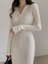 V-neck Knit Dresses for Women Short Sleeve Slim Elegant Party Dresses Casual