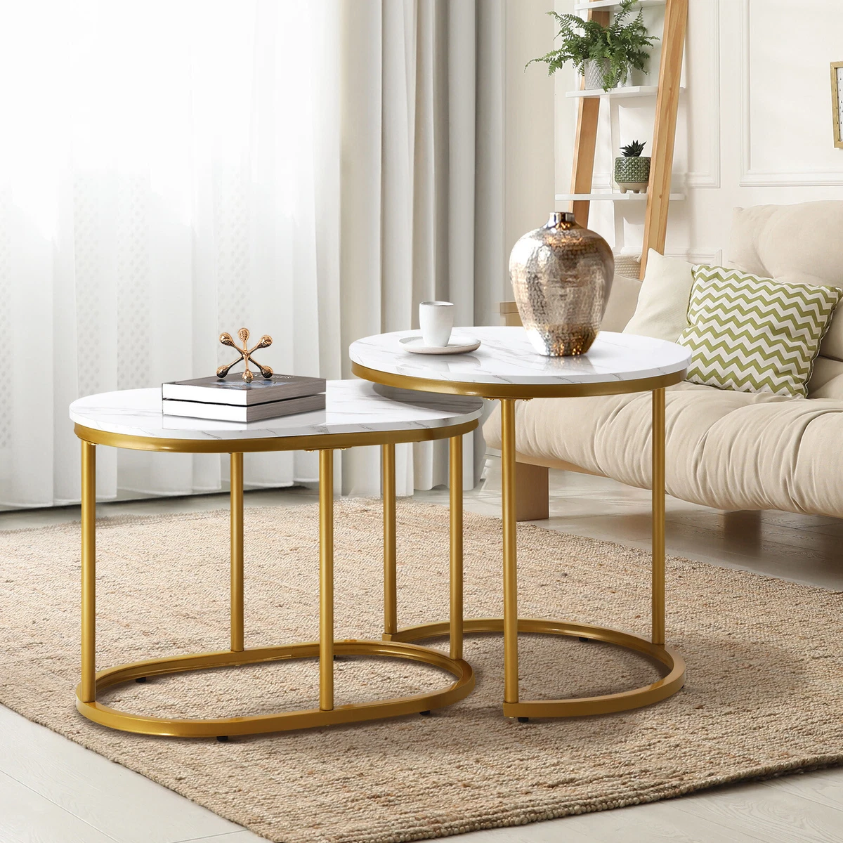 Oikiture Set of 2 Coffee Table Round Oval Marble Nesting Side End