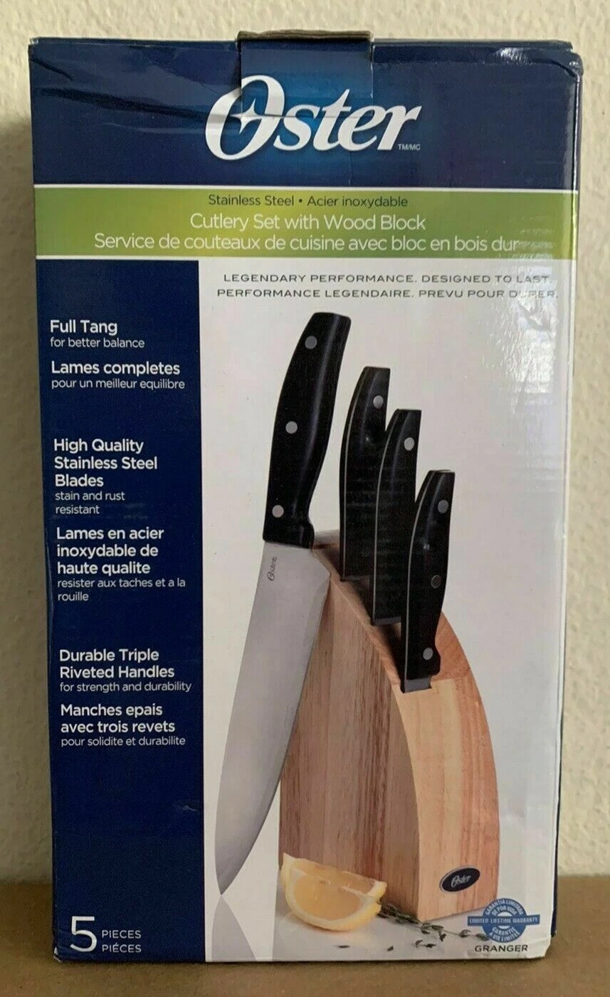 Oster Granger 5-Piece CUTLERY SET Chef Santoku Utility Paring Knife + Wood Block