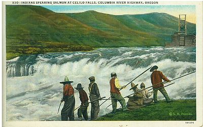 1941 Oregon Native American Indians Spear Fishing Postcard #788