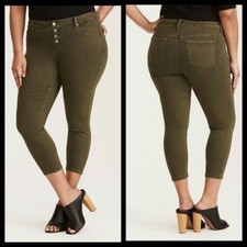 Torrid Jeans Women 18 Cropped Ultra Skinny  Olive Wash High Rise Button Fly Boho