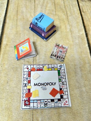 4 Dollhouse Miniatures Vtg Monopoly New Yorker Magazine Ugly Duckling Book Stack