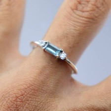 Natural Aquamarine Ring, Dainty 925 Sterling Silver, Minimalist Baguette women