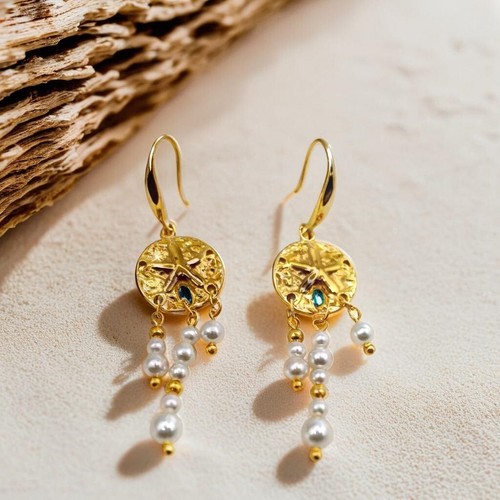 Gold Dangle Pearl Earrings, Authentic Beach Tassel Earrings, Elegant Chic Gift - Picture 2 of 4