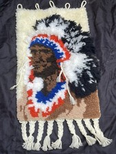 Indian Native American Chief Latch Hook Rug Vintage Tapestry Handmade 32  x 17  