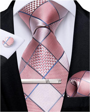 Plaid Ties for Men Silk Checkered Necktie and Pocket Square Cufflinks Tie Clip S
