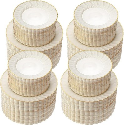 Mifoci Disposable Plates Ivory Plastic Gold Rim Heavy Duty for Dessert (200-Pcs)