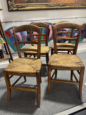 Vintage Set of French Oak Mid Century Rattan Straw Bistro