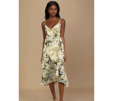 Lulus Wild Flowers Cream Floral Print Wrap Midi Dress Womens Size Medium Summer