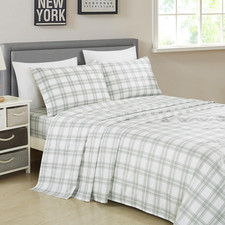 4-Piece Lodge Plaid Sheet Set King Size - Gray White Plaid Stripe Printed Brushe