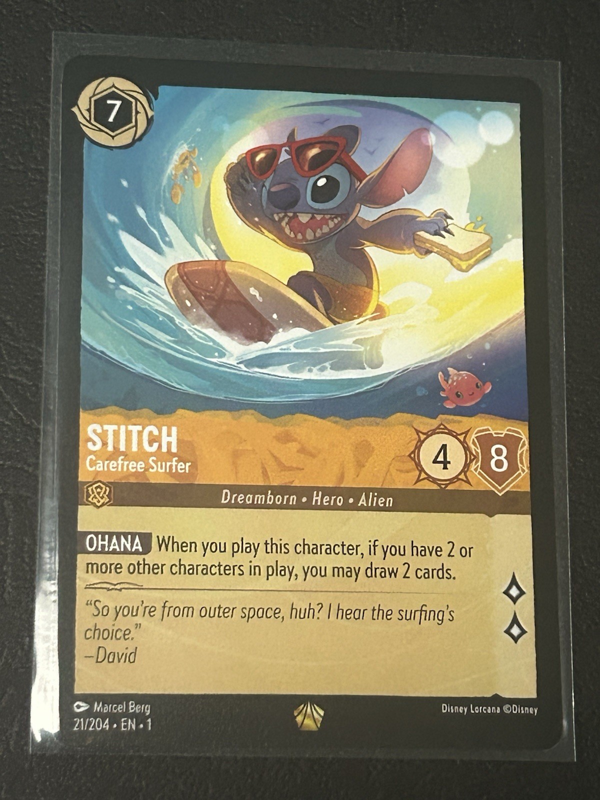 Stitch Carefree Surfer 21/204 NM Condition Disney Lorcana First Chapter