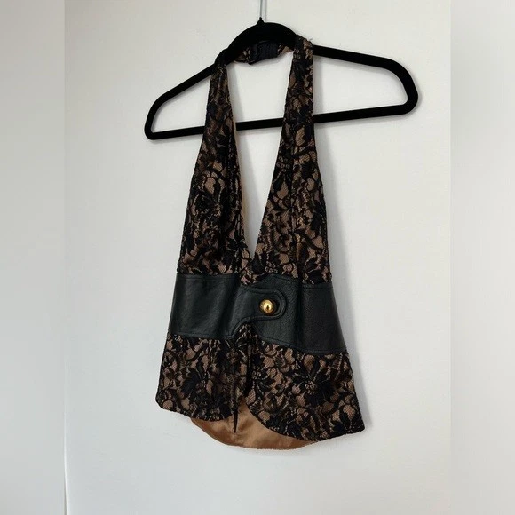 Marciano (S) Negro Encaje Seda Halter Top Imitación Cuero Cinturón Y2K Sexy Club Profundo V Foto 2 de 4