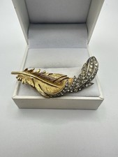 VTG Brushed Gold Silver Tone Rhinestone Leaf Brooch Pin Unsigned Estate Read