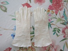 Vintage Cream White Nylon Scalloped Evening 9" Gloves with Beads  Size 6 1/2