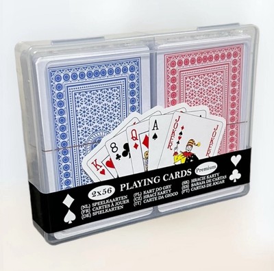 2x 56er Spielkarten Set Blau Rot Skat Romme Pokerkarten in Aufbewahrungsdose NEU